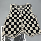 Early V neck Linen Surface Knitted Vest Million Can Chessboard Plaid Coat with Plaid ide Small Coat